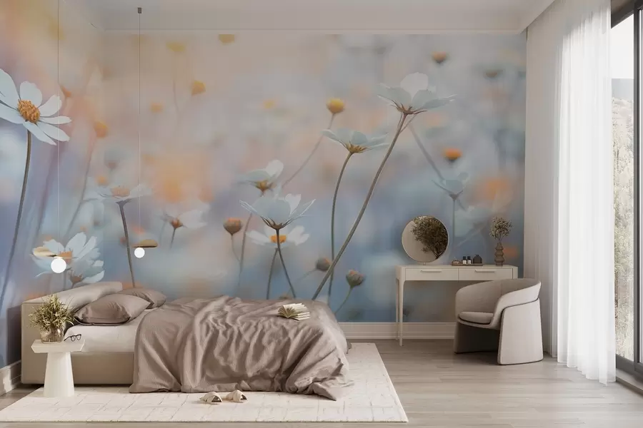 Murale Fleurs bleu clair avec la lumière chaude du soir w03802