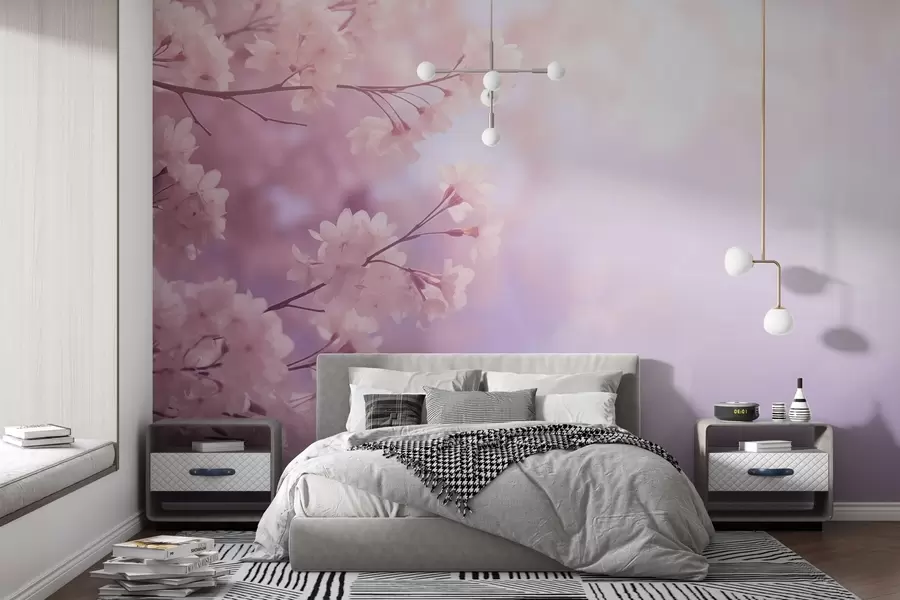 fototapeter Sakuragrene med lyserøde blomster på pastelfarvet baggrund w03804
