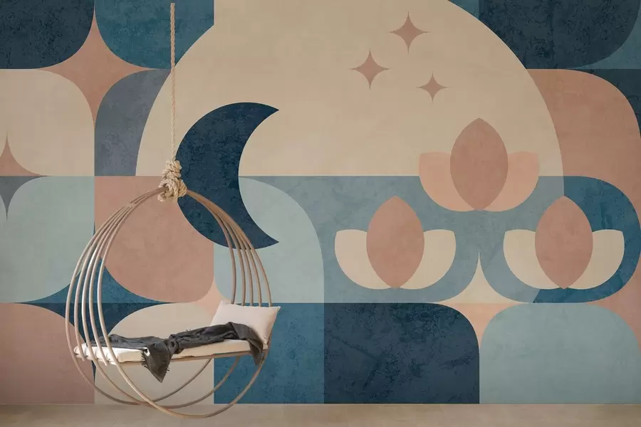 Fototapete geometrische Abstraktion, bei der weiche Formen mit Mond-, Blumen- und Sternensymbolen ineinander übergehen w03723