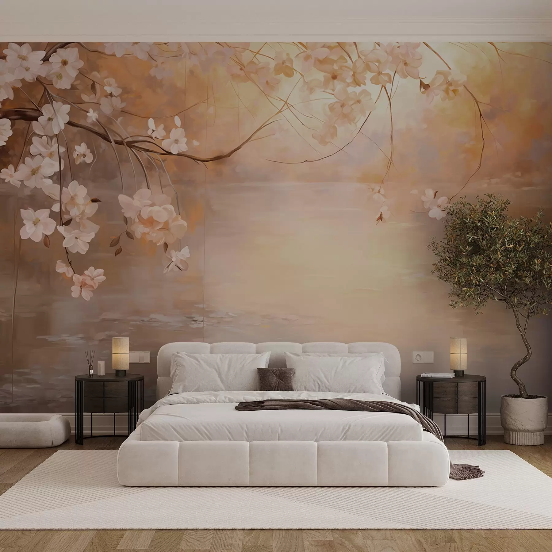 Fototapete Abstrakte Landschaft Kunst mit Blüte Zweig und weißen Blumen hängen über einem See, weiche Pastellfarben w09046