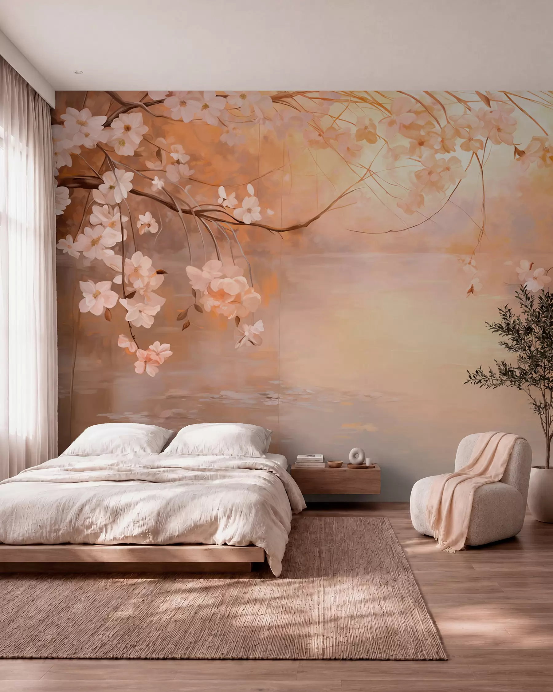 fototapeter Abstrakt landskabskunst med blomstrende grene og hvide blomster, der hænger over en sø, bløde pastelfarver w09046