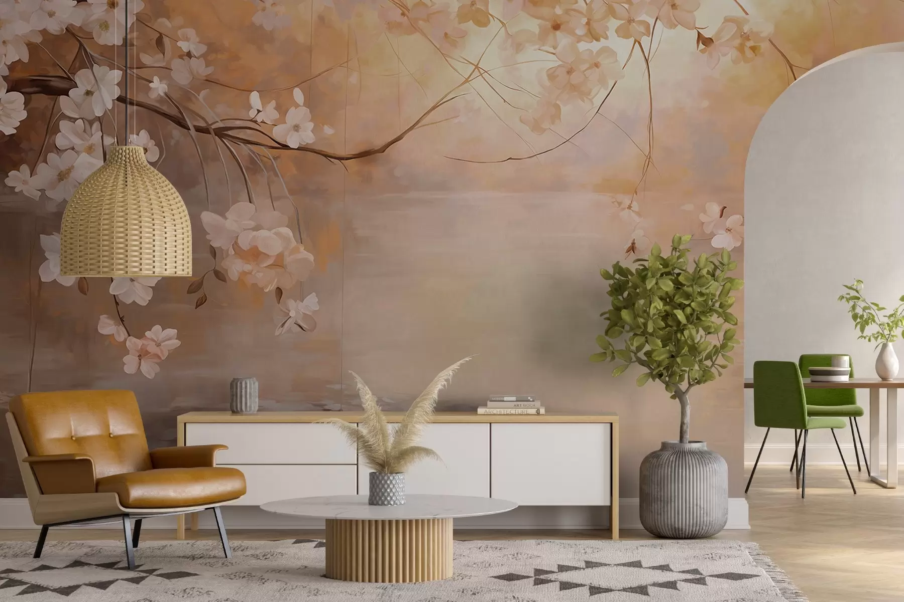 fototapeter Abstrakt landskabskunst med blomstrende grene og hvide blomster, der hænger over en sø, bløde pastelfarver w09046