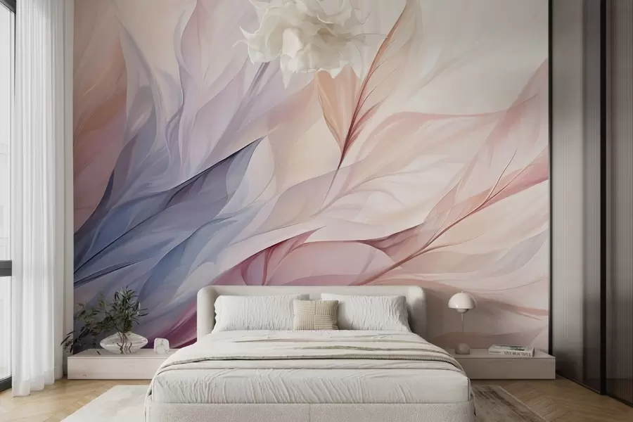 Fototapete Abstraktes Blumendesign mit fließenden Blütenblättern in Pastelltönen von Rosa, Pfirsich und Blau, die eine weiche und verträumte Komposition ergeben w09049