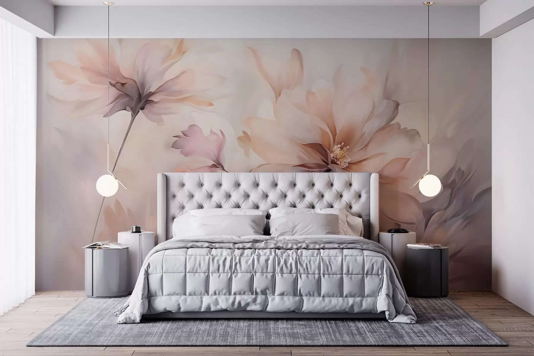 fototapeter En delikat blomsterkunst med store pastelfarvede blomster med gennemskinnelige kronblade, bløde stilke og en blid diffus baggrund  w09050