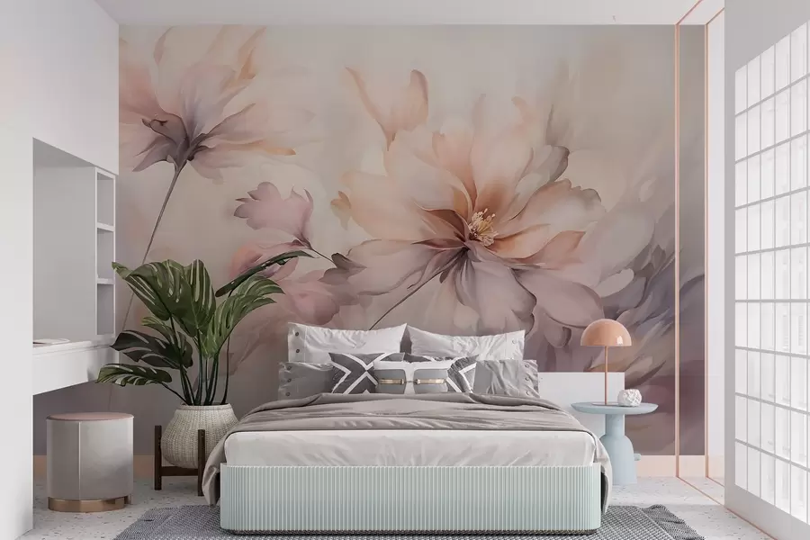 fototapeter En delikat blomsterkunst med store pastelfarvede blomster med gennemskinnelige kronblade, bløde stilke og en blid diffus baggrund  w09050