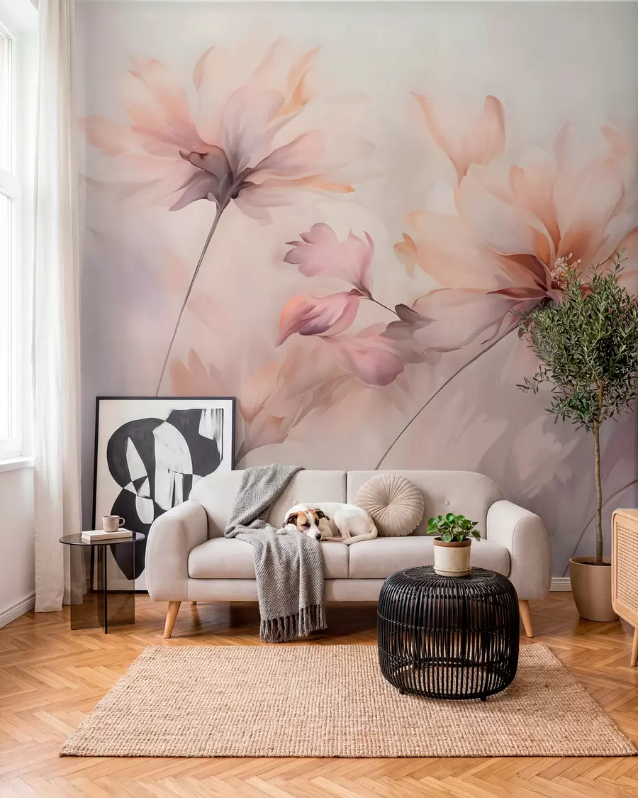 fototapeter En delikat blomsterkunst med store pastelfarvede blomster med gennemskinnelige kronblade, bløde stilke og en blid diffus baggrund  w09050