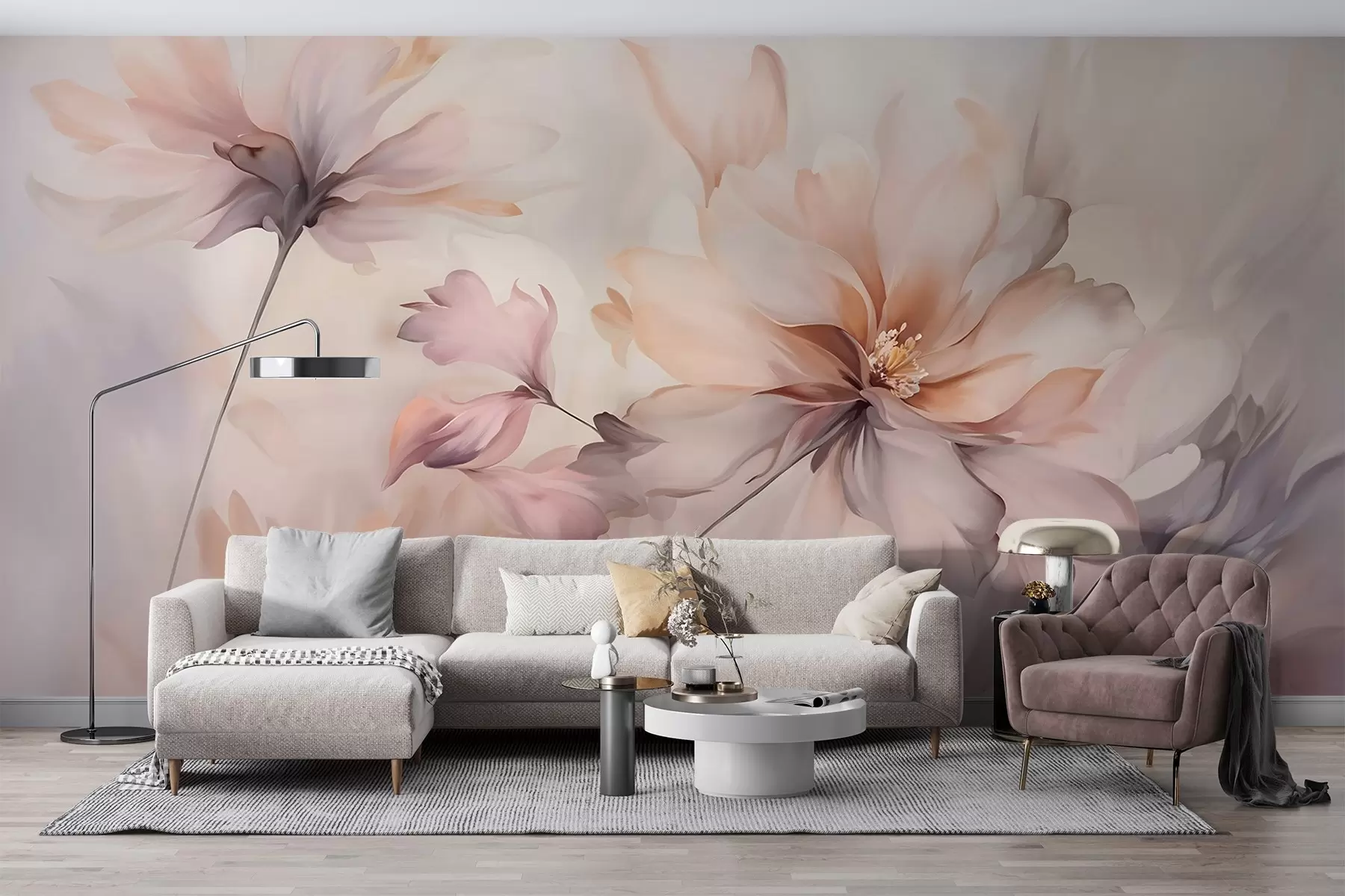 fototapeter En delikat blomsterkunst med store pastelfarvede blomster med gennemskinnelige kronblade, bløde stilke og en blid diffus baggrund  w09050