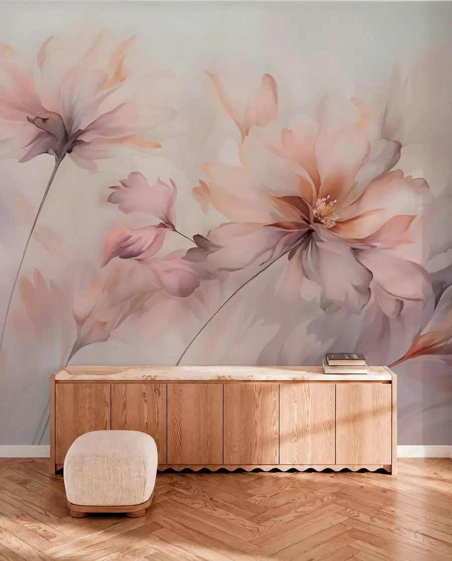 fototapeter En delikat blomsterkunst med store pastelfarvede blomster med gennemskinnelige kronblade, bløde stilke og en blid diffus baggrund  w09050