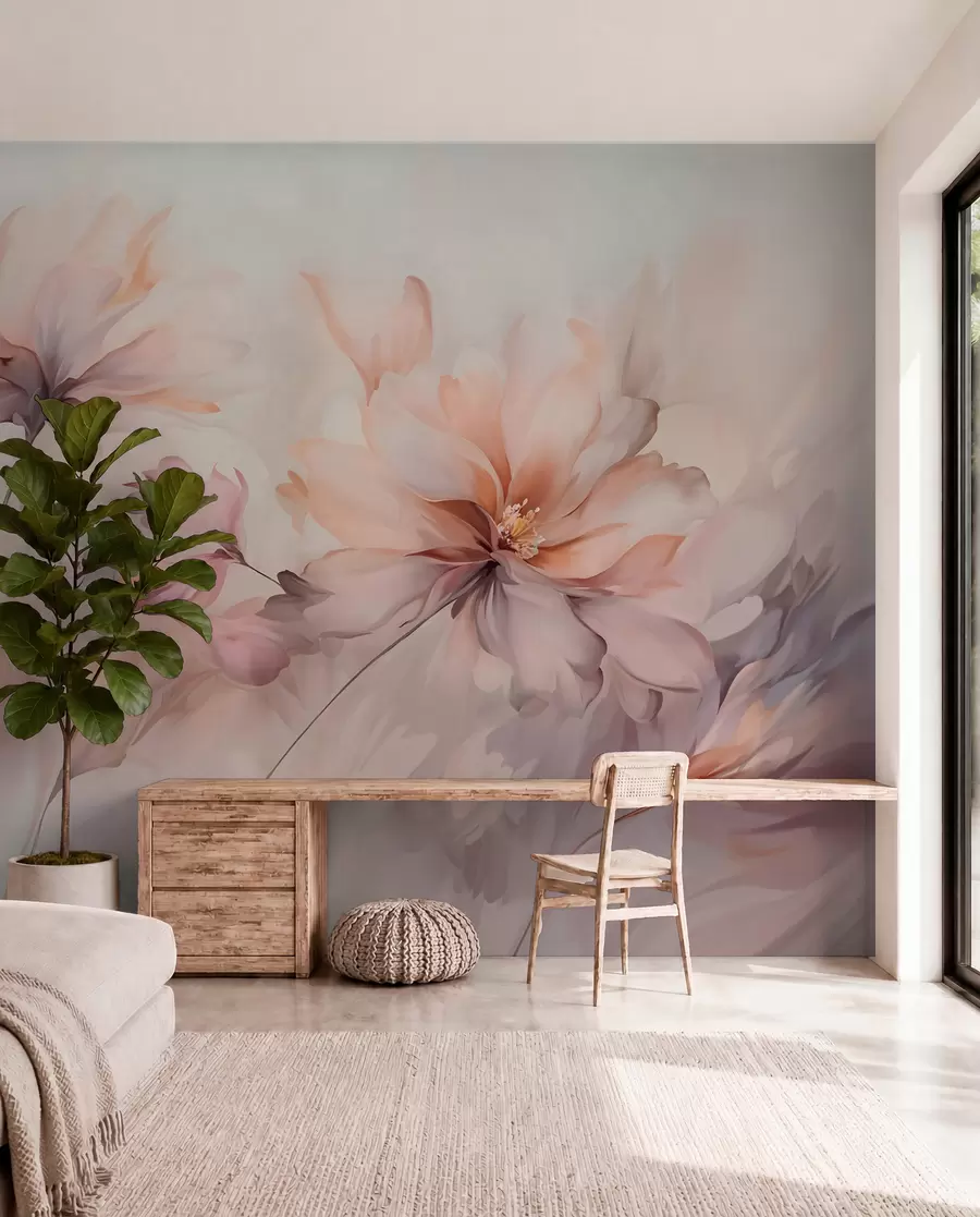 fototapeter En delikat blomsterkunst med store pastelfarvede blomster med gennemskinnelige kronblade, bløde stilke og en blid diffus baggrund  w09050