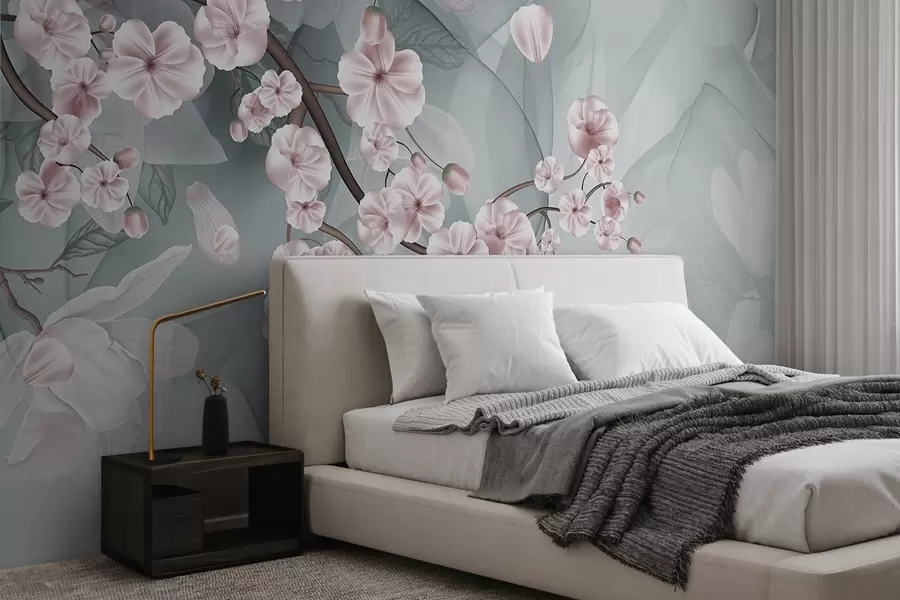 Fototapete Kirschblütenzweige mit rosa Blüten und Blütenblättern, braune Zweige, abstrakter gedämpfter Hintergrund mit fließendem Effekt w09054