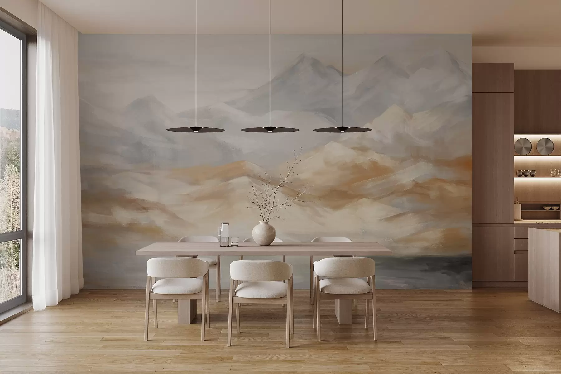 fototapeter Tekstureret landskabsmaleri af bjerge med en sø i forgrunden, i nuancer af hvid, grå og brun w09057