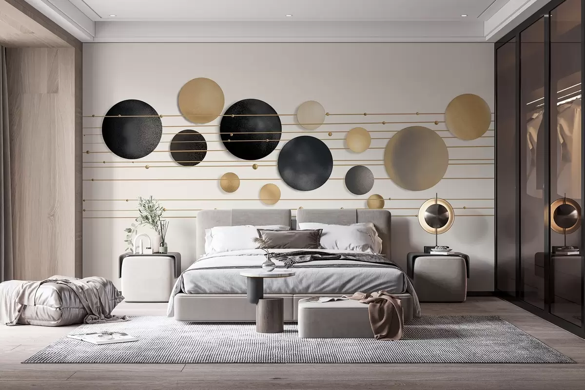 fototapeter Abstrakt moderne design med strukturerede cirkler i hvide, gule og grå toner, forbundet af tynde linjer, minimalistisk kunst  w09060