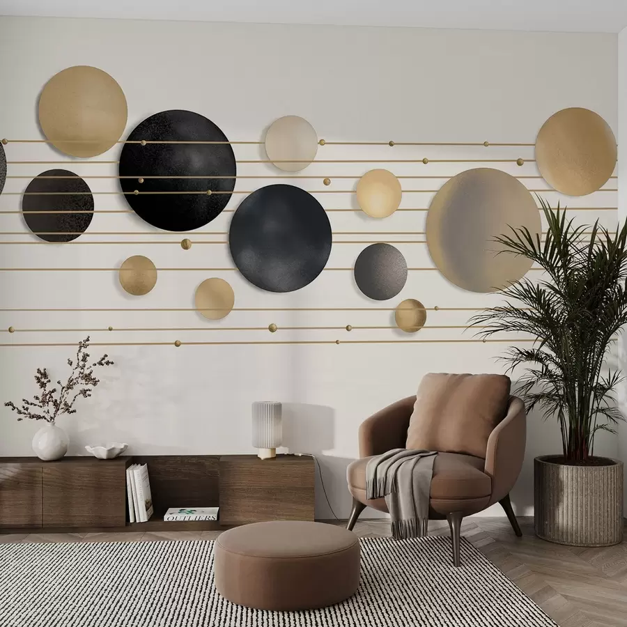 fototapeter Abstrakt moderne design med strukturerede cirkler i hvide, gule og grå toner, forbundet af tynde linjer, minimalistisk kunst  w09060