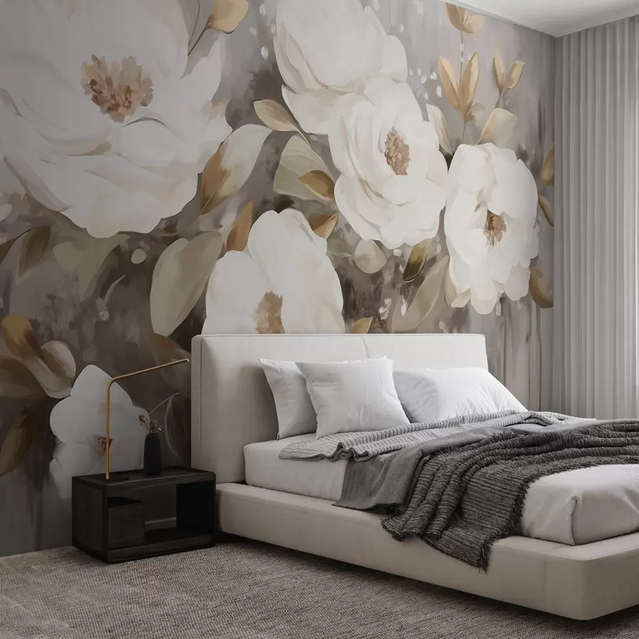 Murale Fleurs blanches avec feuilles jaunes, pétales doux, arrangement floral délicat, palette de couleurs neutres, coups de pinceau texturés w09062