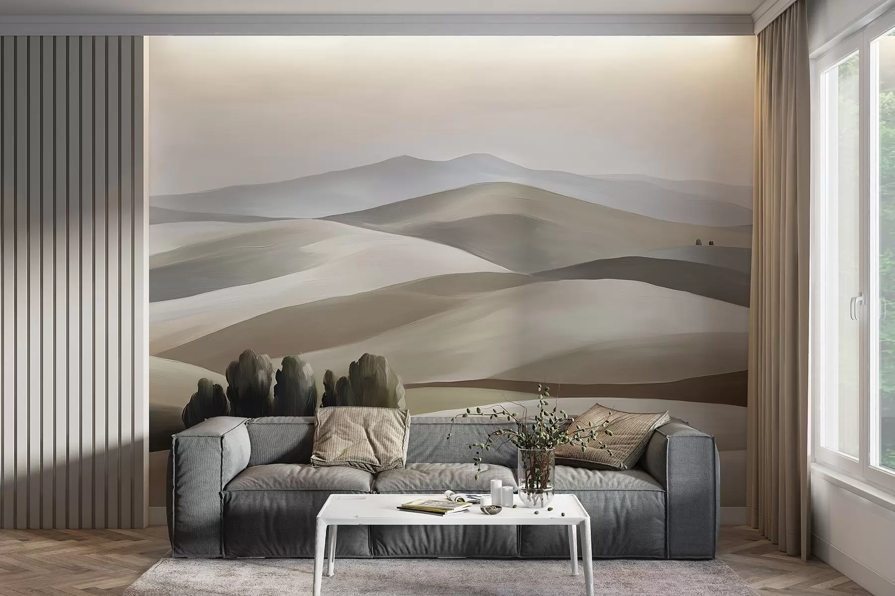 fototapeter Landskaber med træer, Toscana, beige og grå farver, oliestil w03880v1
