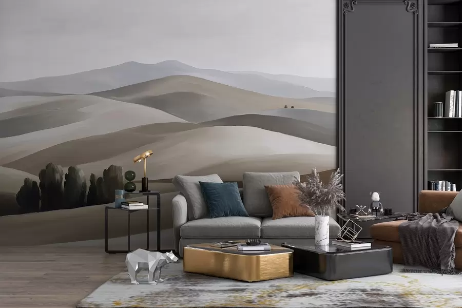 fototapeter Landskaber med træer, Toscana, beige og grå farver, oliestil w03880v1