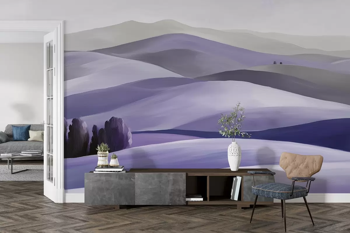 Murale Paysages arborés, Toscane, couleurs violettes, style huile w03880v3