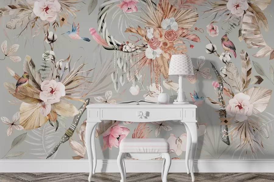 Fototapete Boho-Stil Ornament mit Pfingstrose Blumen und Vögel, Aquarell-Stil, beige Farben w03885