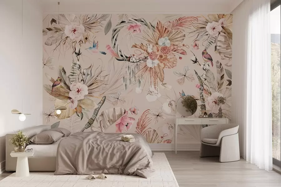 fototapeter Ornament i boho-stil med pæonblomster og fugle, akvarel-stil, bløde farver w03885v3