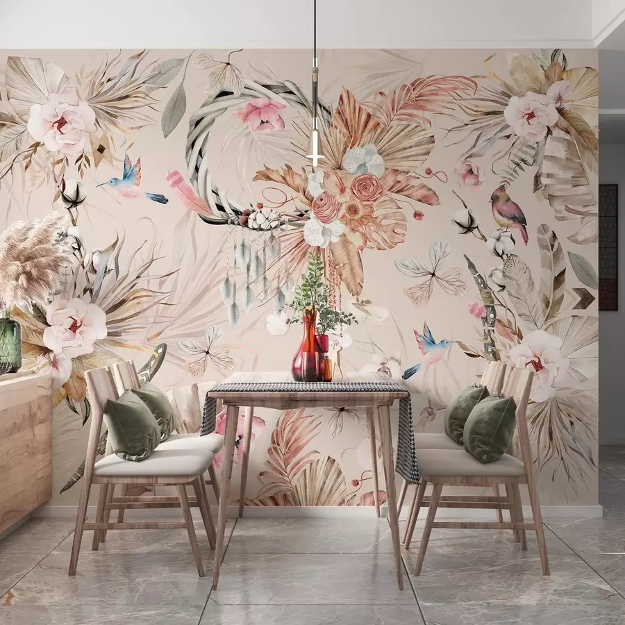 Fototapete Boho-Stil Ornament mit Pfingstrose Blumen und Vögel, Aquarell-Stil, weiche Farben w03885v3