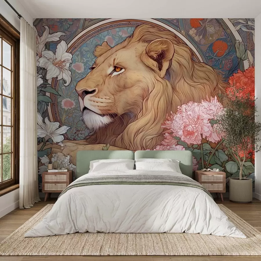 Fototapete Ein von vielen Blumen umgebener Löwe im Stil von Alphonse Mucha w09073