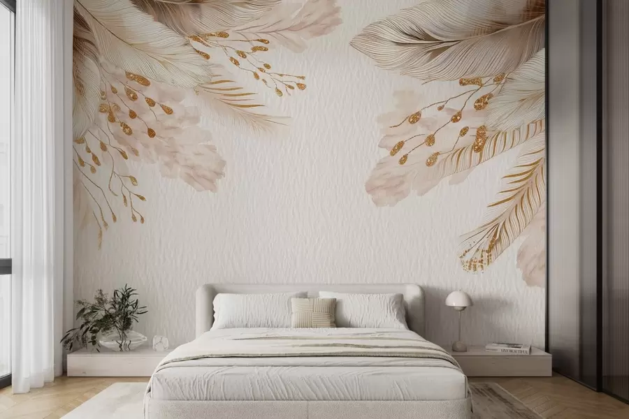 Fototapete Pampasgras und Federn im Aquarellstil in Beige und Weiß auf Papier w09079