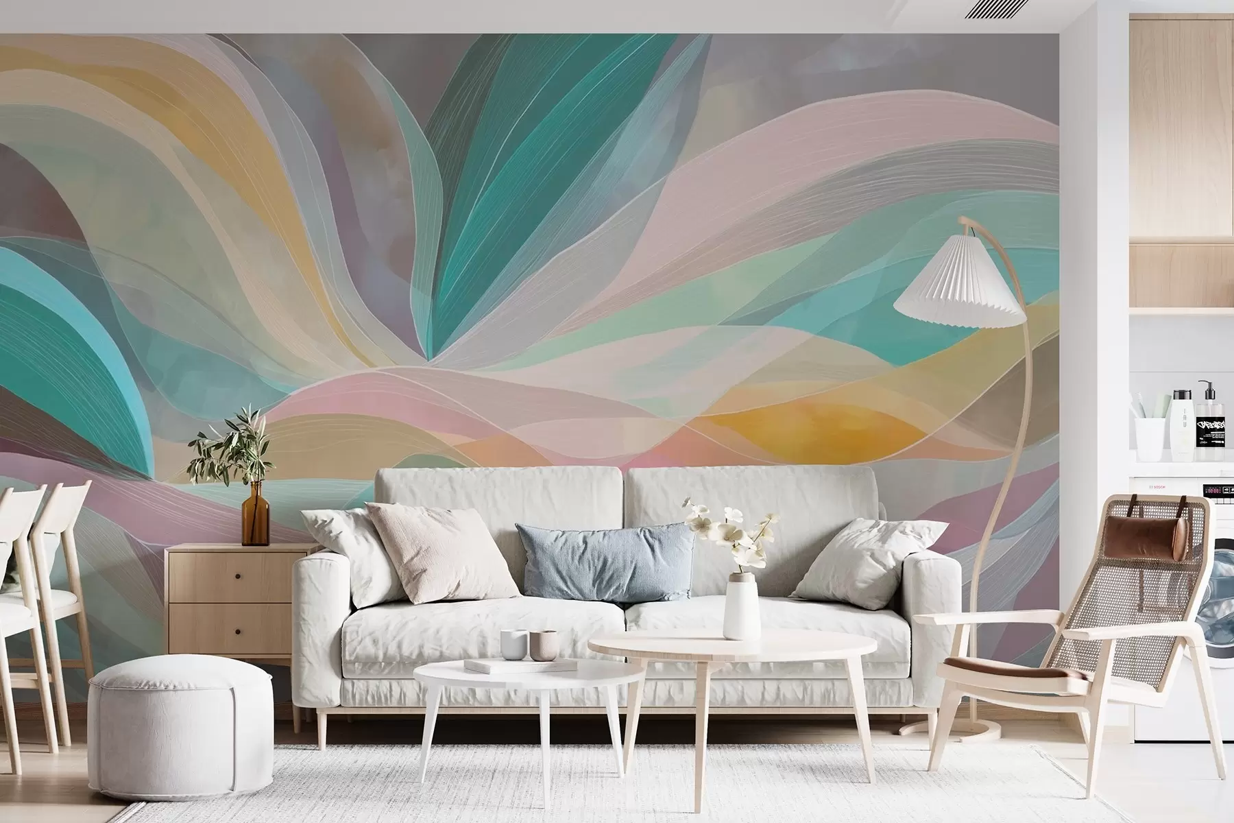 Fototapete Abstraktion, Wellen in Form von Hügeln und Bergen in hellen Tönen w09086v1