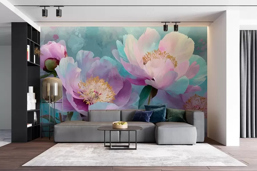 Fototapete Bunte Pfingstrosen in Blau- und Lila-Tönen w09087