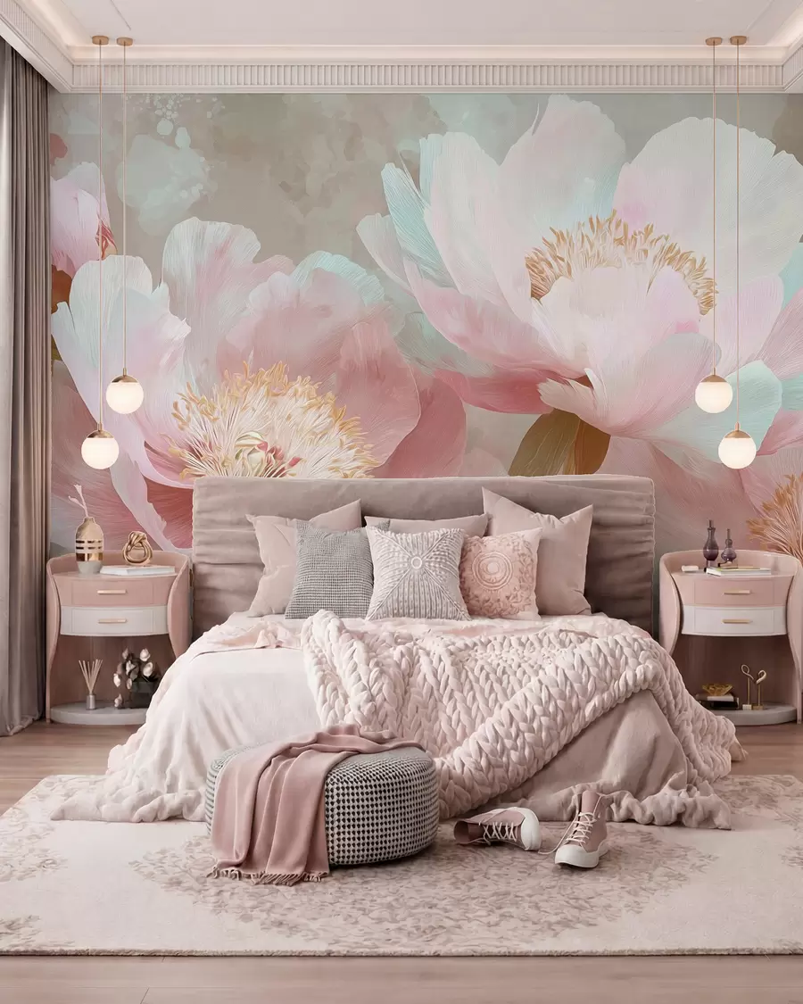 fototapeter Delikate pæoner i rosa og beige toner w09087v1