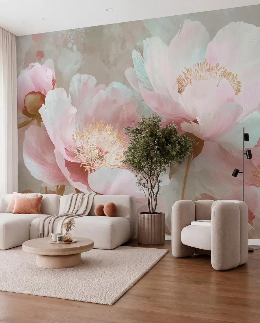 fototapeter Delikate pæoner i rosa og beige toner w09087v1