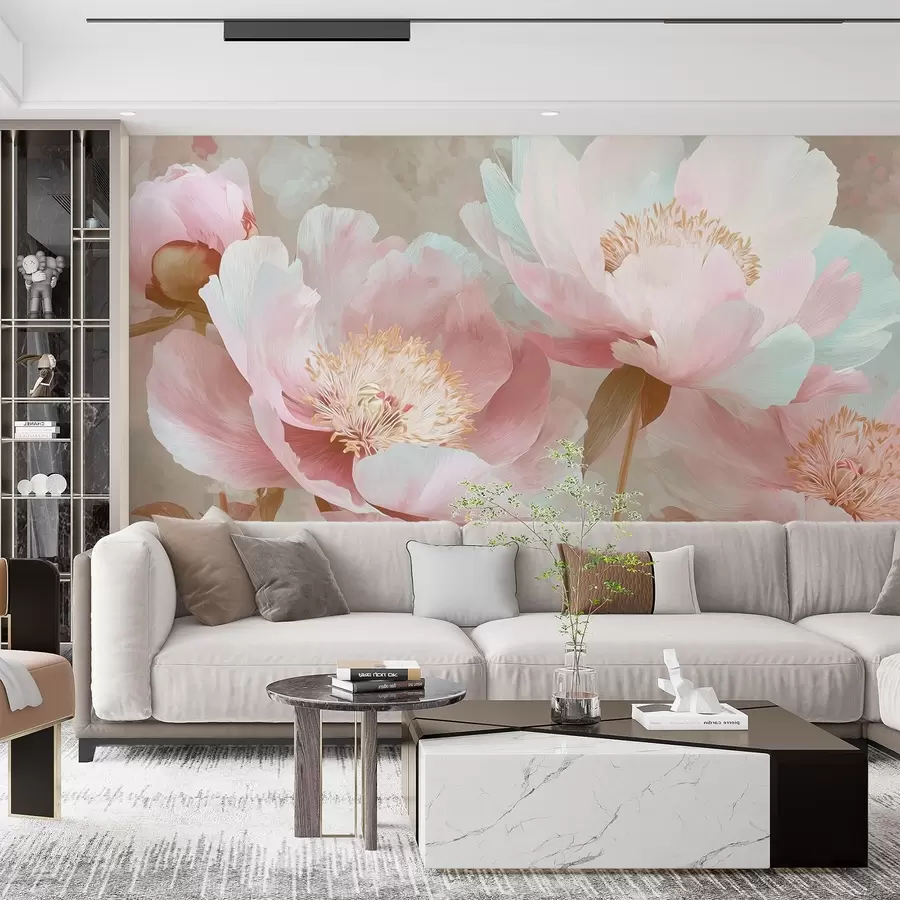 Fototapete Zarte Pfingstrosen in Rosa- und Beigetönen w09087v1