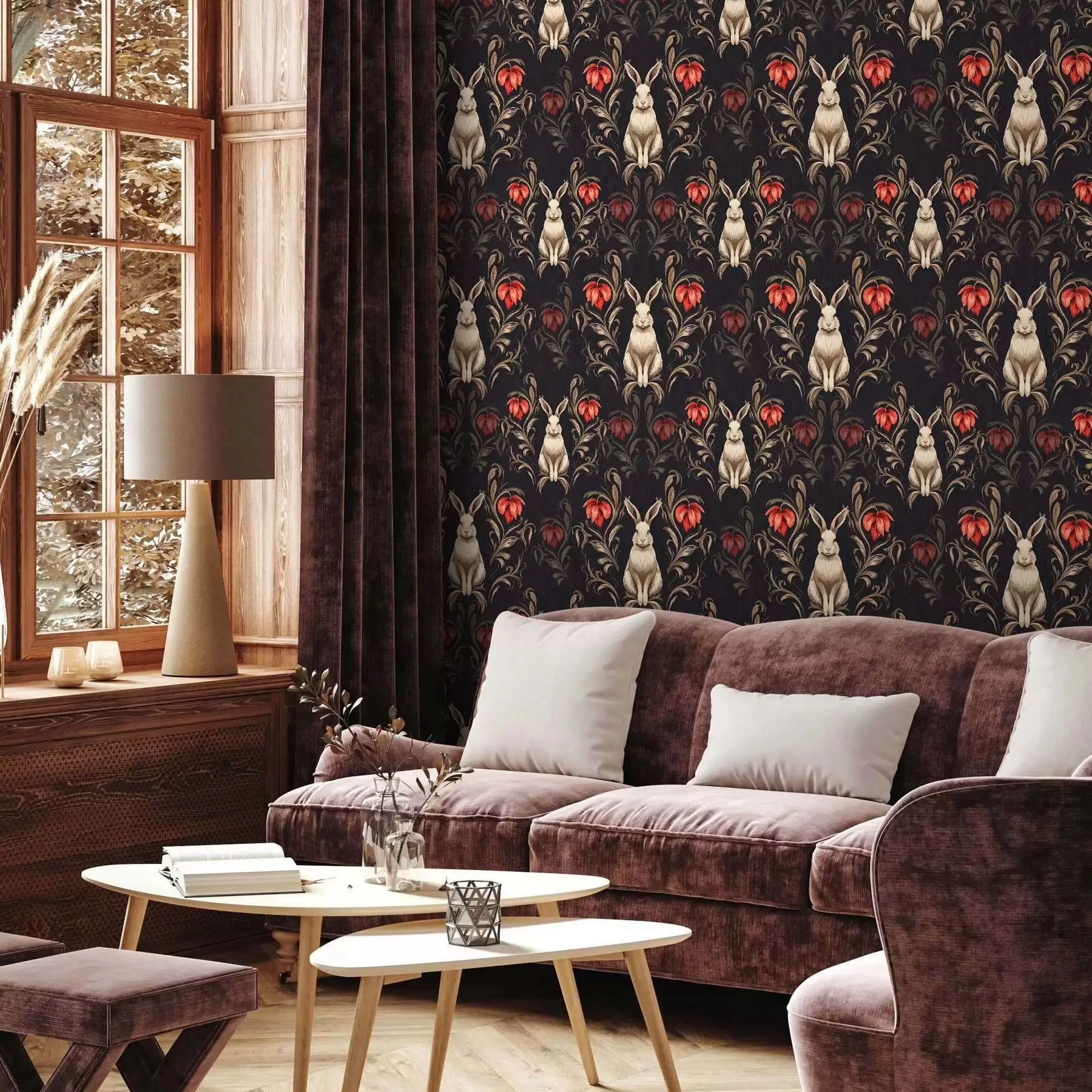 Fototapete Hase und rote Blumen auf dunklem Hintergrund a00102