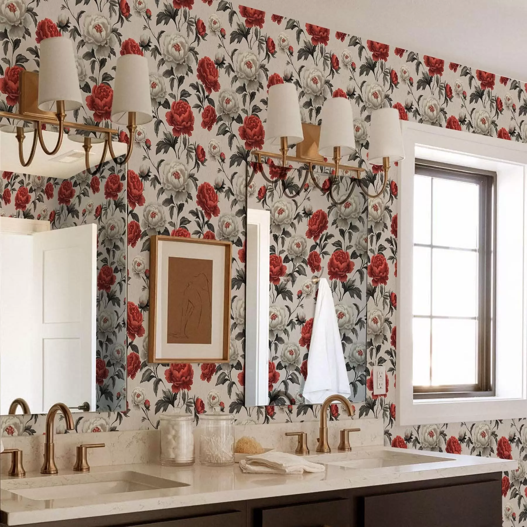 Fototapete Pfingstrosen im Retrostil auf beigem Hintergrund a00107