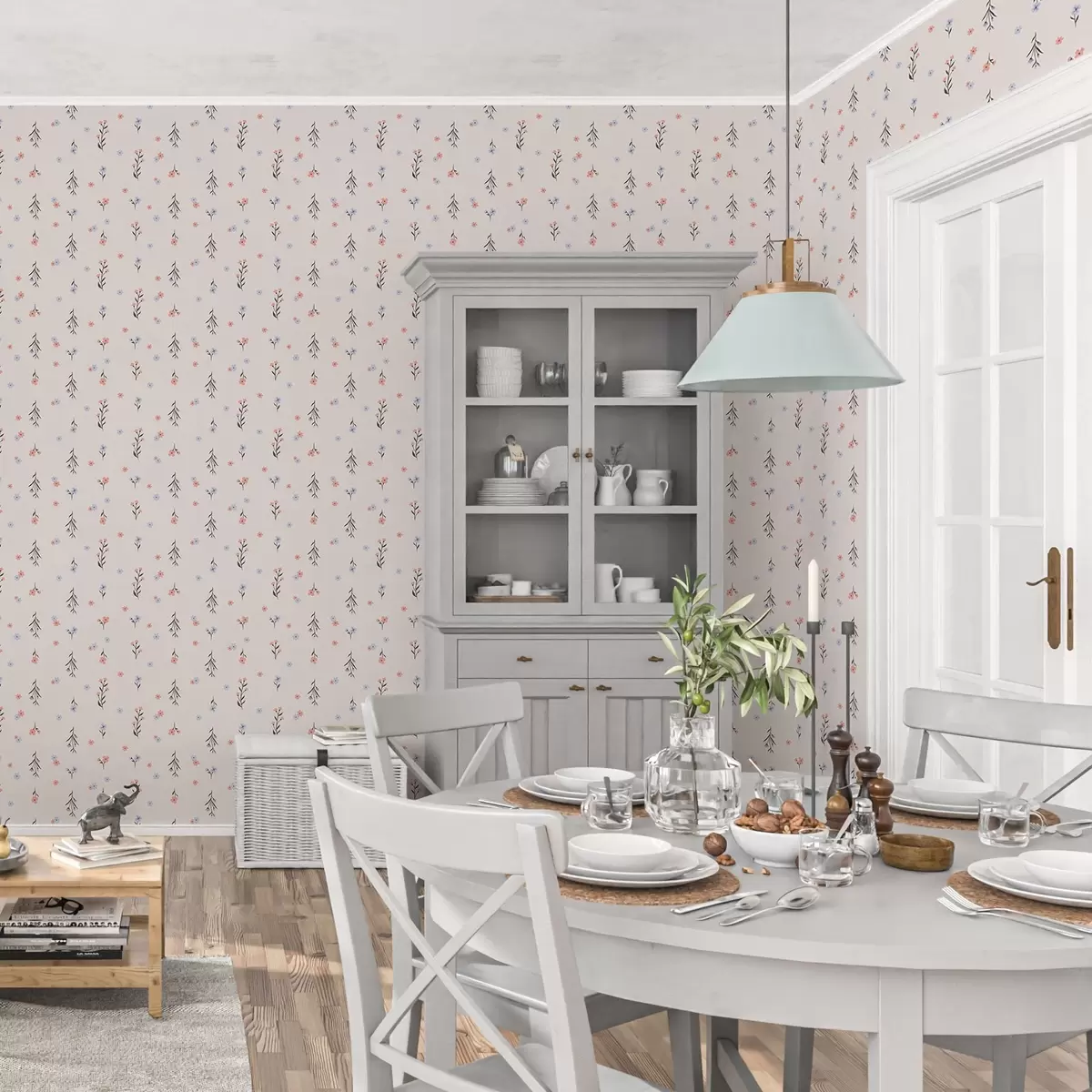 Baggrund Små blomster i lyserøde og blå toner på en cremefarvet baggrund a00110
