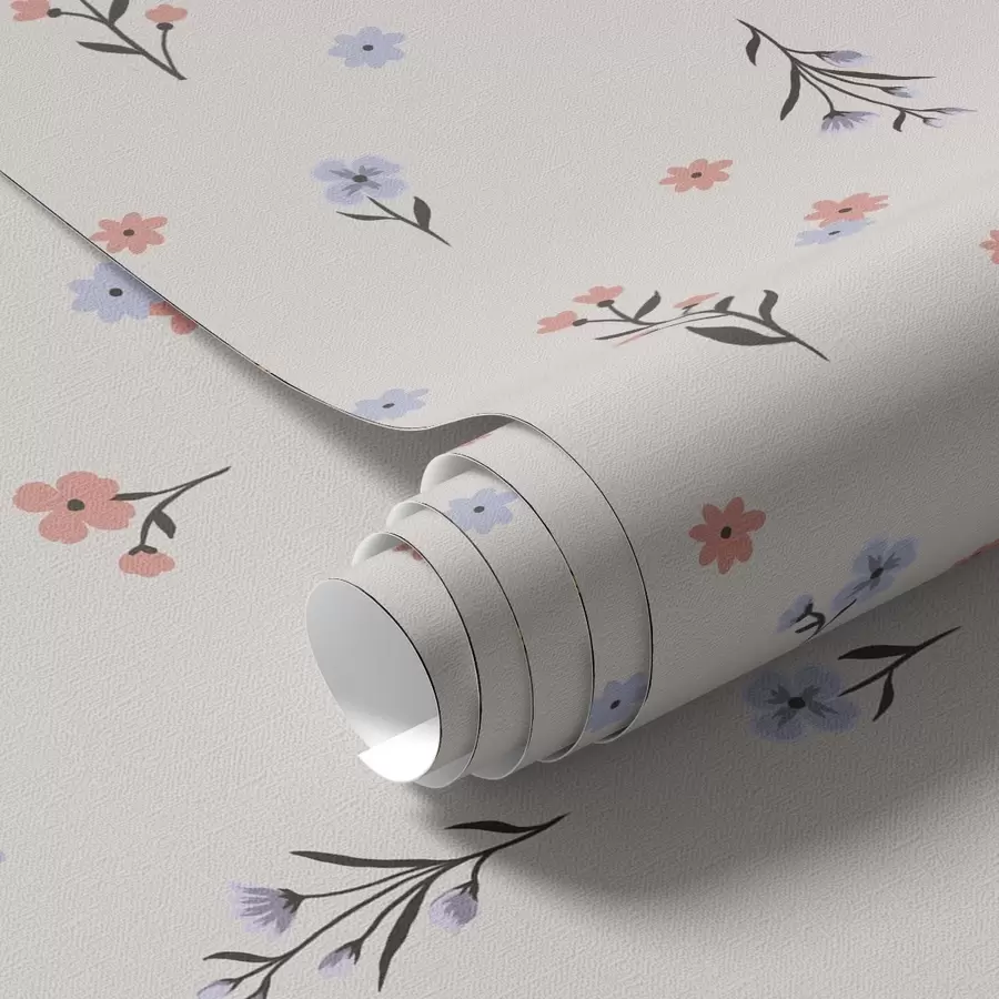 fototapeter Små blomster i lyserøde og blå toner på en cremefarvet baggrund a00110