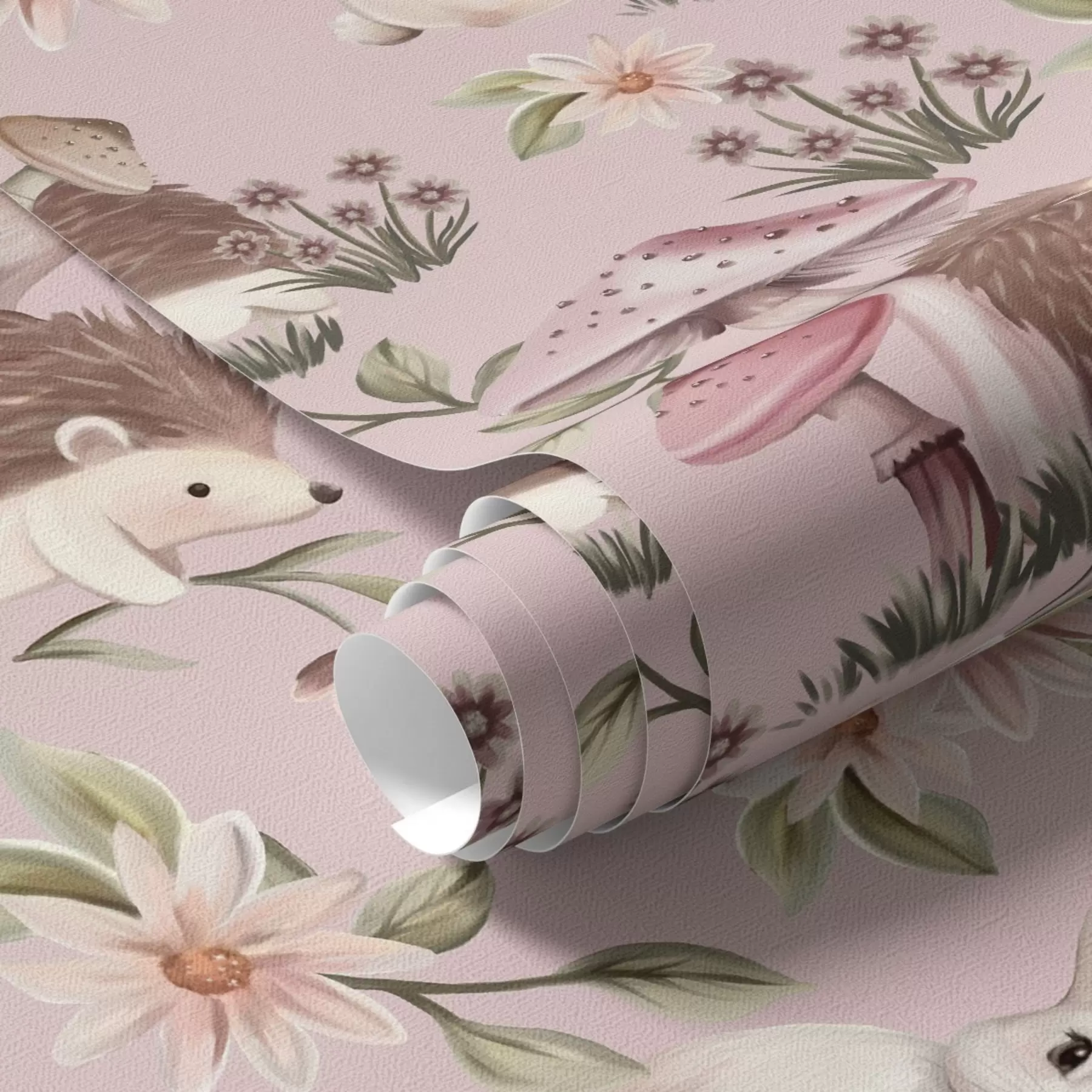 Fototapete Märchenhafte Igel, Kaninchen und Blumen zwischen Pilzen auf rosa Hintergrund a00111