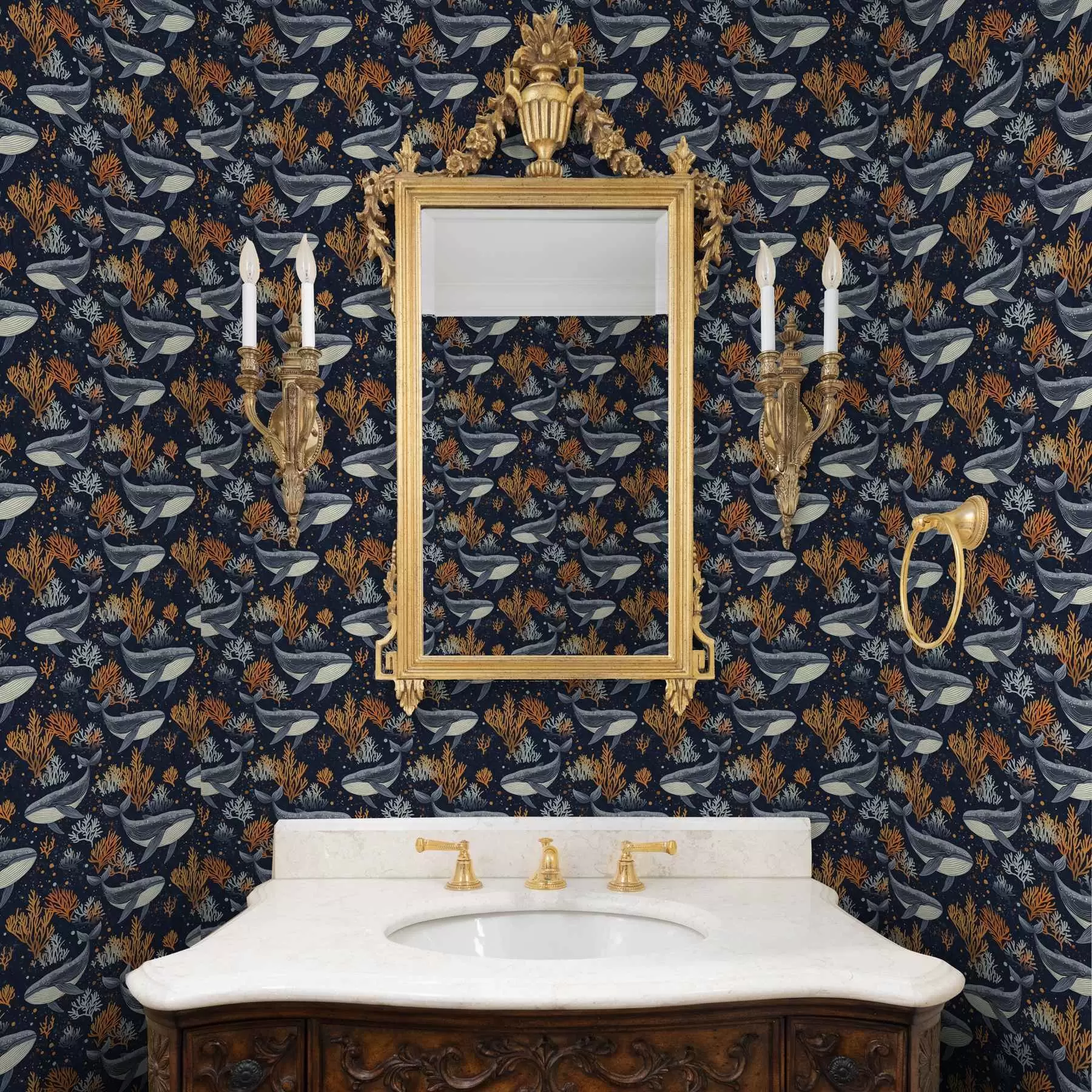 fototapeter Havhvaler og koraller på en mørk baggrund a00116