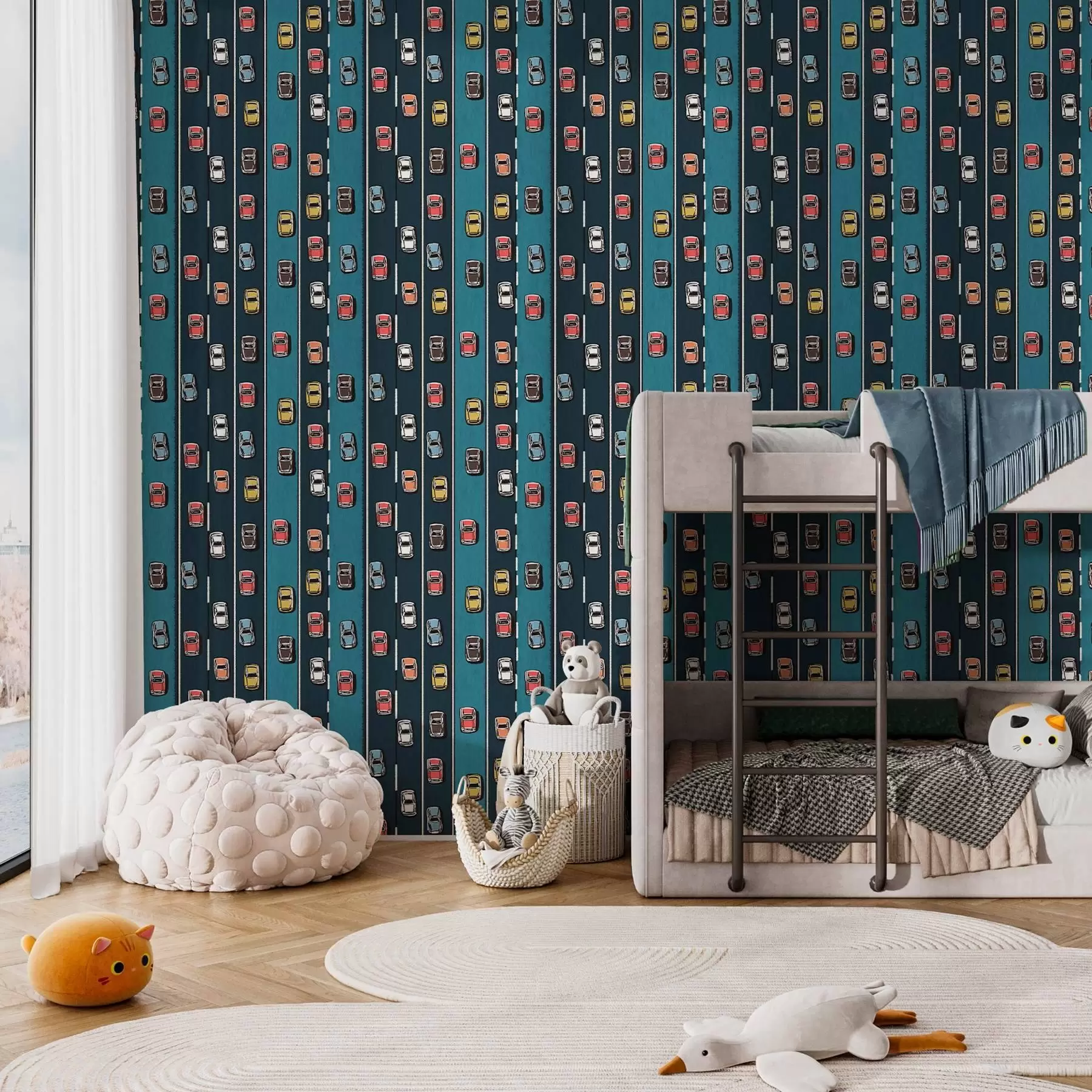 fototapeter Retrobil på marineblå vej i 60'er-stil a00118