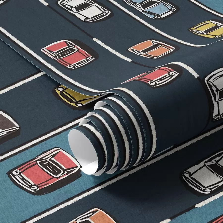 fototapeter Retrobil på marineblå vej i 60'er-stil a00118