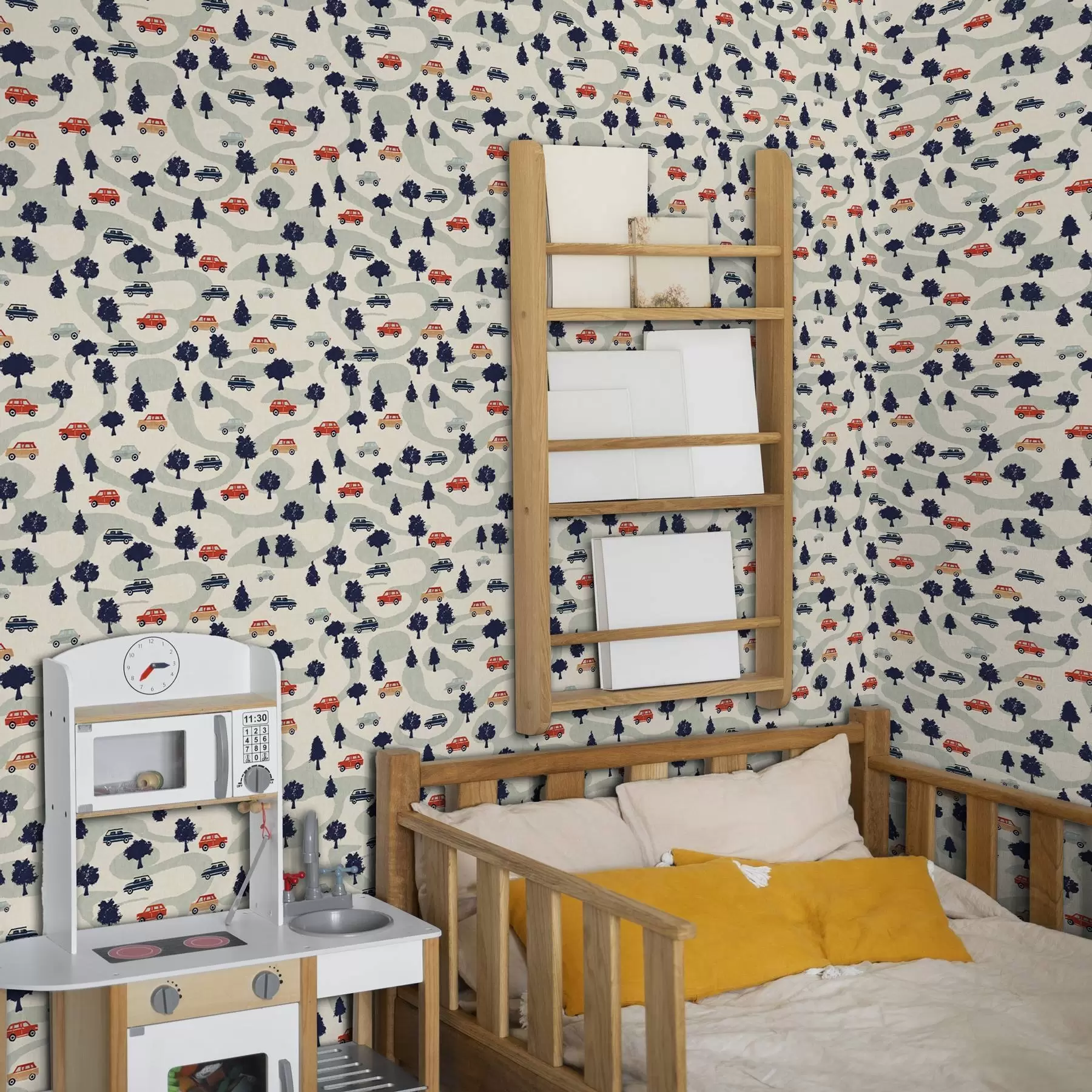 Murale Funny cars parmi les arbres sur fond crème a00119