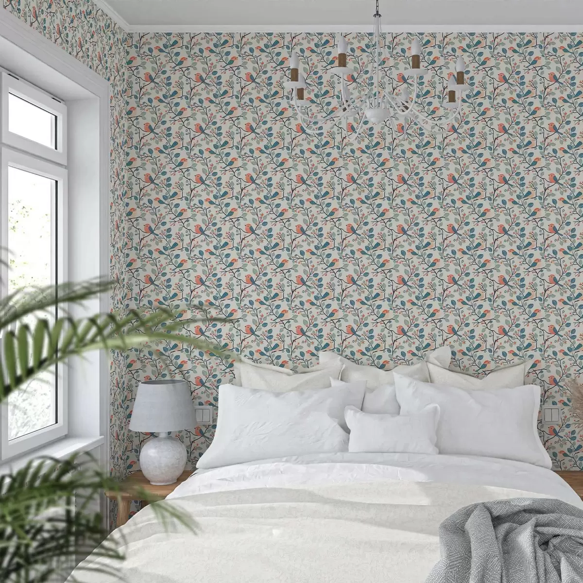 Tapete Vögel auf Zweigen und Beeren in warmen Farben a00128v1