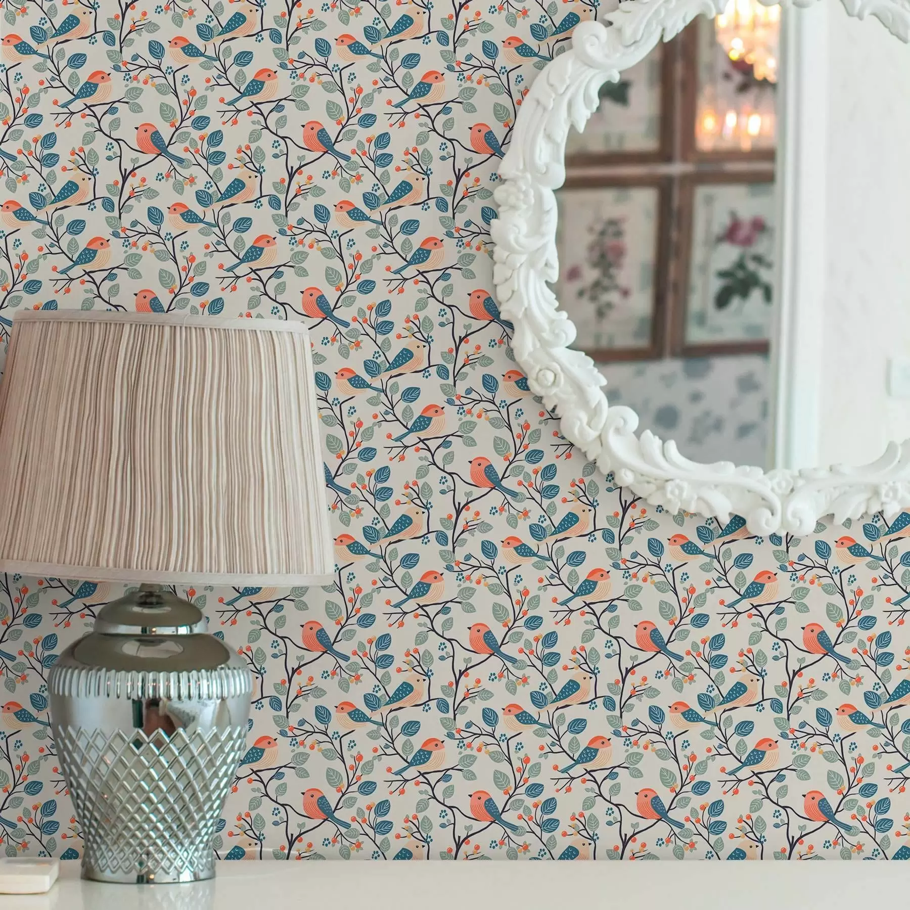 Murale Oiseaux sur les branches et baies dans des couleurs chaudes a00128v1