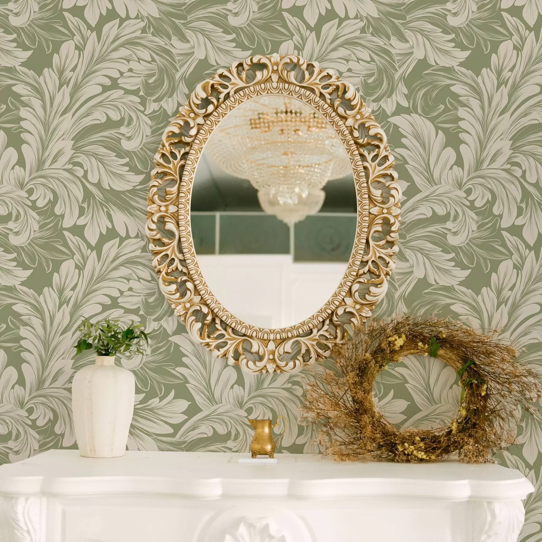 Murale Baroque avec des feuilles de couleur crème sur fond vert a00135