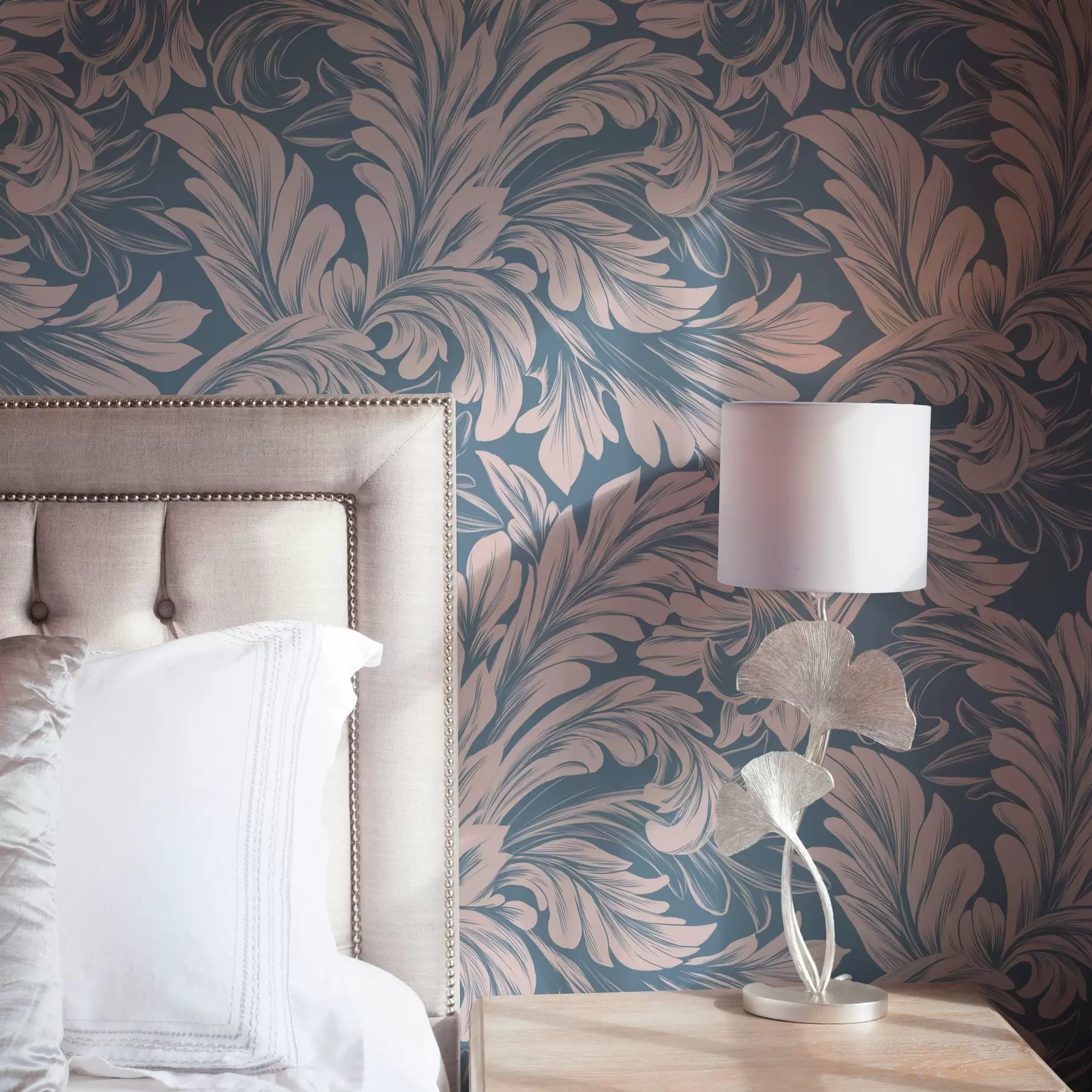 Fototapete Pflanzenlocken in Cremetönen auf blauem und grauem Hintergrund a00135v2