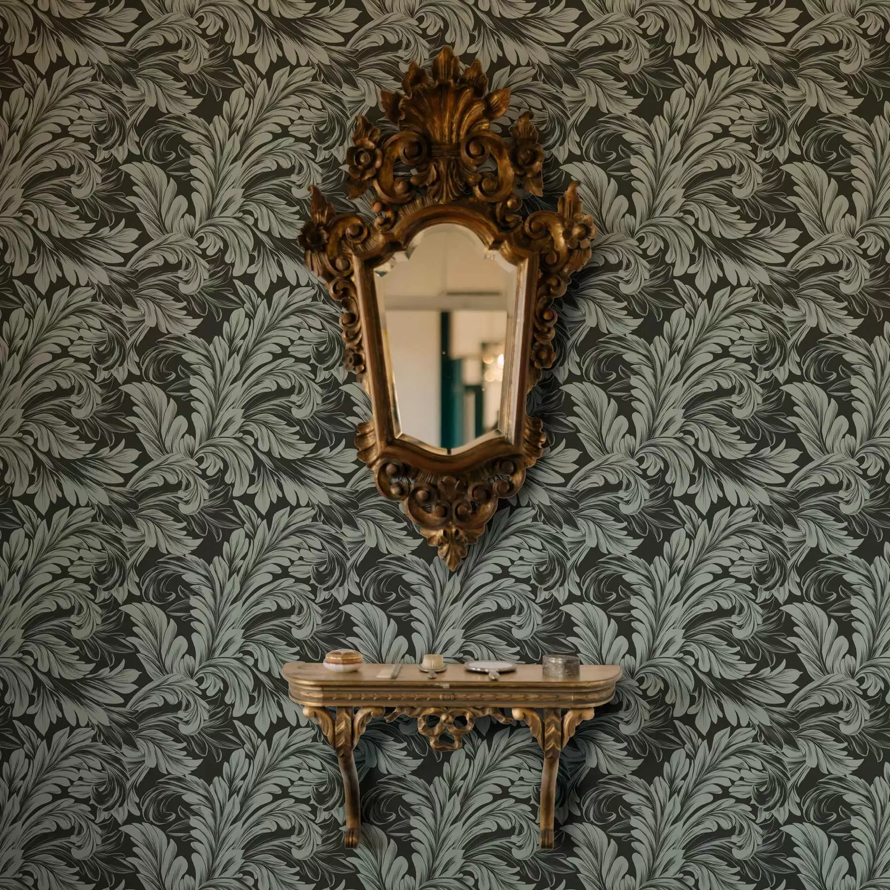 fototapeter Mørkegrøn baggrund med mintfarvede krøller a00135v4