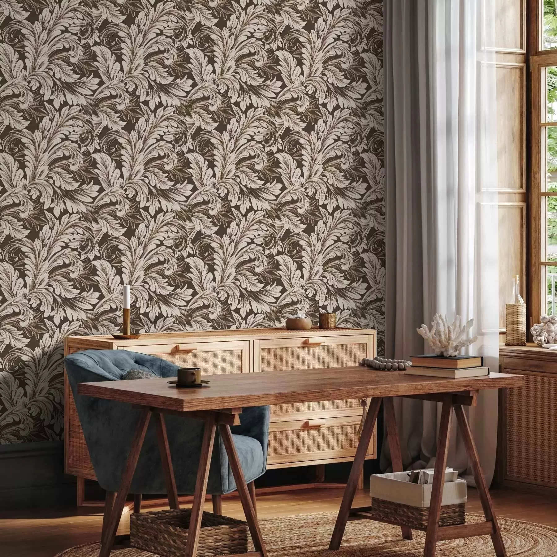 Fototapete Barockes Muster mit Blättern auf dunklem Hintergrund a00135v5