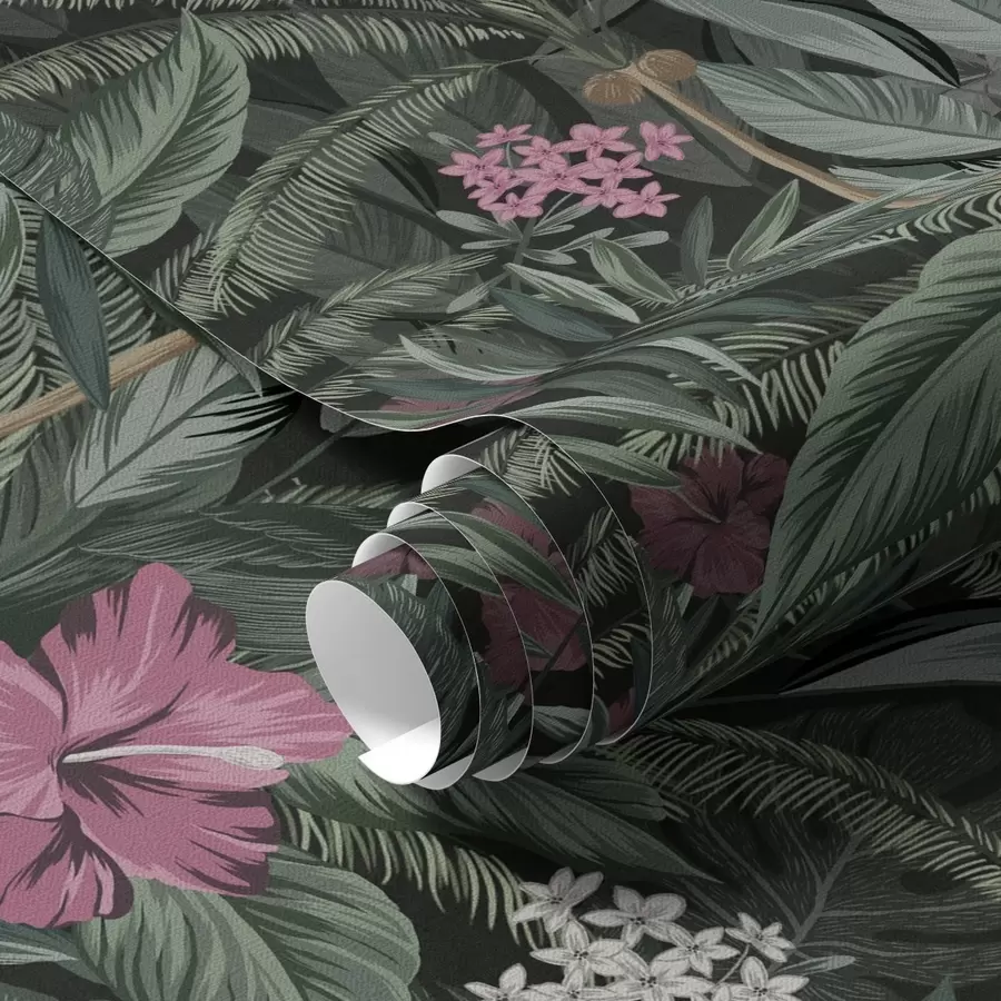 Fototapete Tropische Blätter und Vogel auf einem dunklen Hintergrund a00140