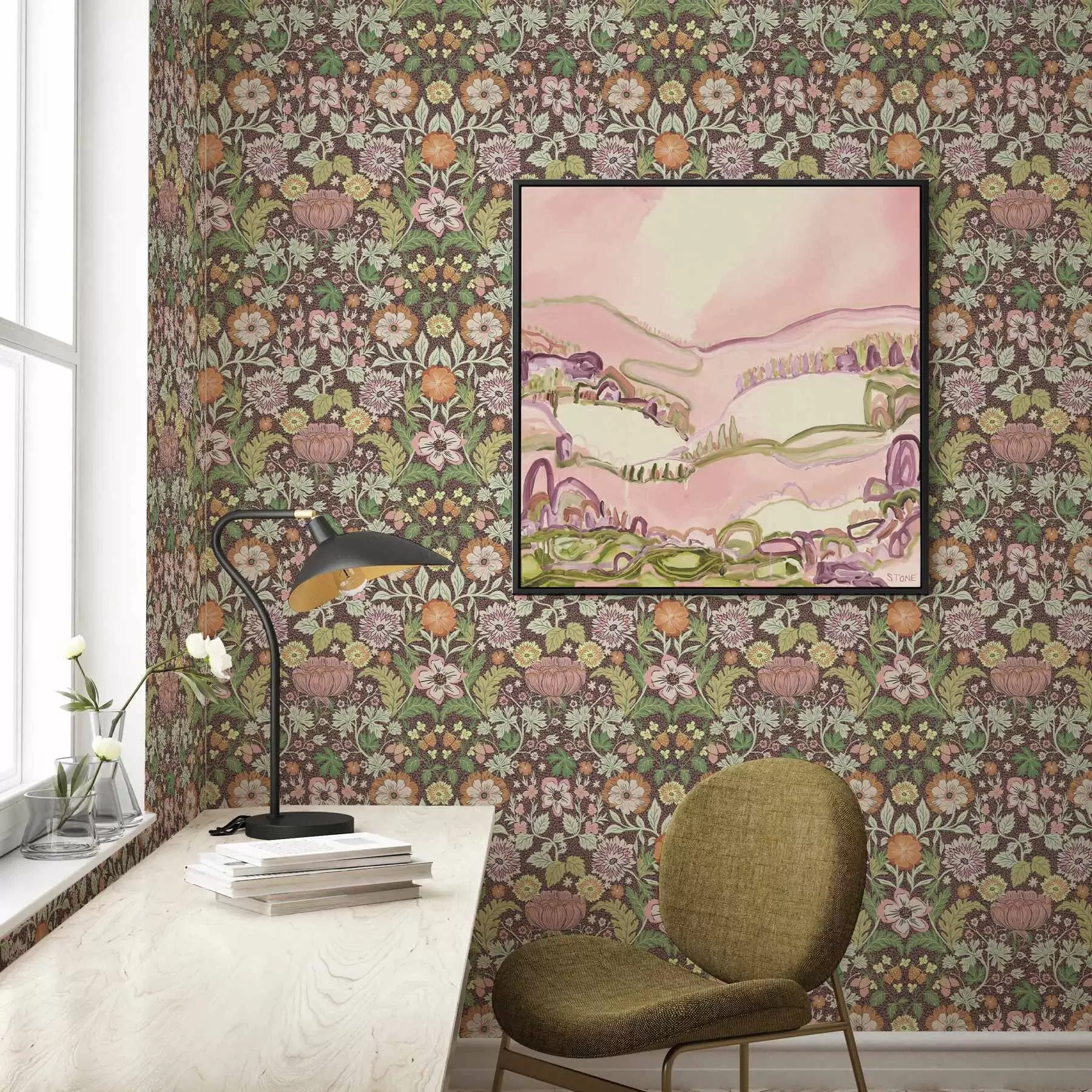 fototapeter Farverigt mønster med grønt og blomster a00145v3