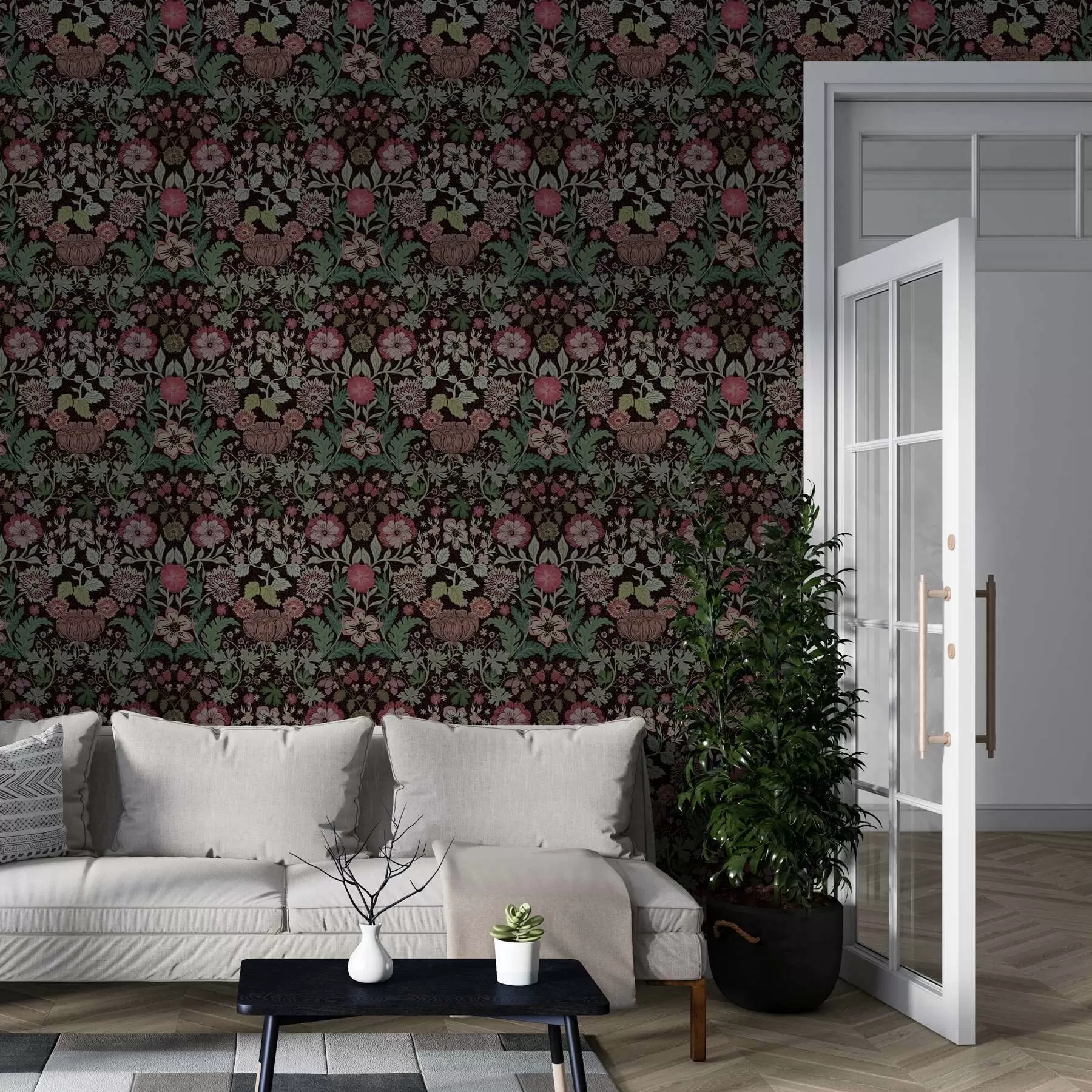 Fototapete Kontrastierender Druck mit floralen Motiven a00145v4