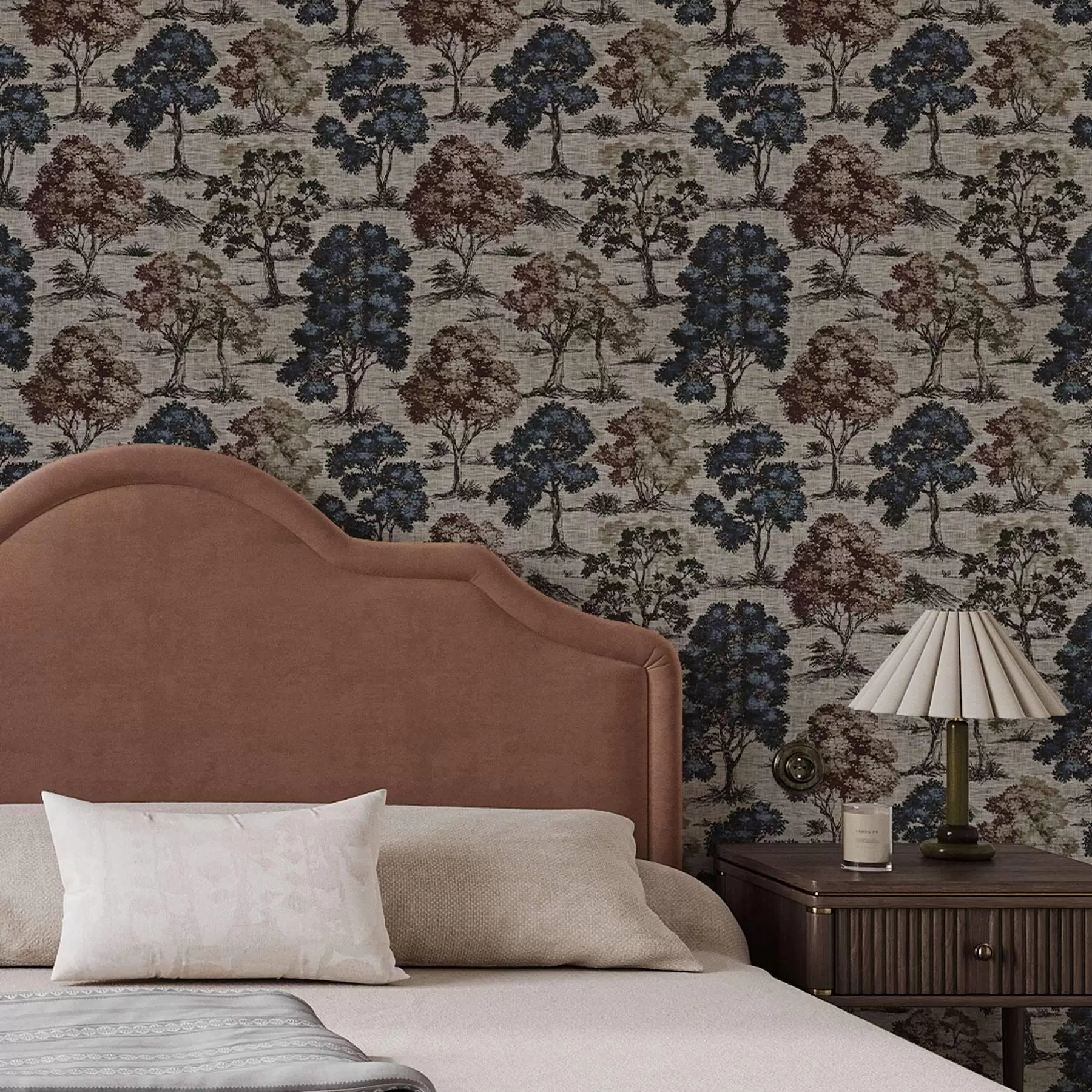 Fototapete Grafik mit Bäumen auf hellem Leinenhintergrund a00152